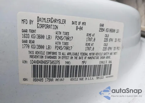 2005 Dodge Durango Slt from USA, damaged, VIN 1D4HB48N85F505375